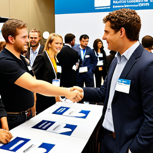 **

A diverse group of professionals networking at a career fair. Some are exchanging business cards and shaking hands, while others are listening intently to a speaker. The background shows various company booths with logos. The overall atmosphere is energetic and hopeful, representing new beginnings and career opportunities.

**
