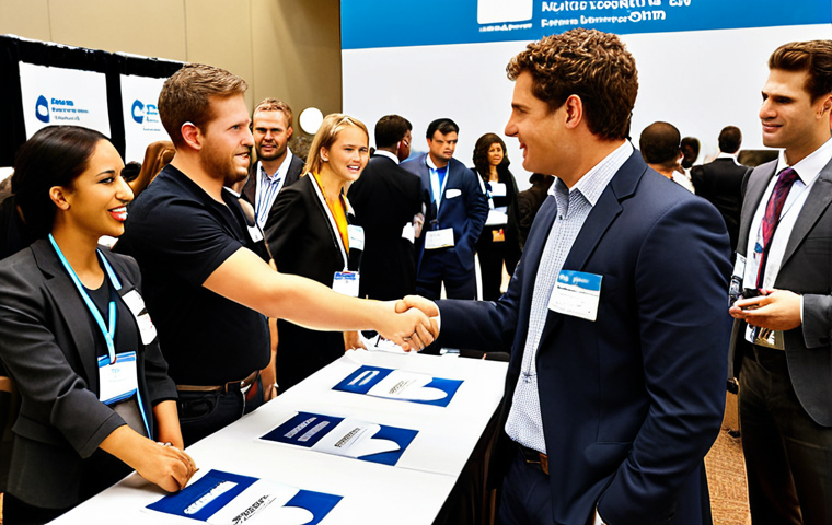 **

A diverse group of professionals networking at a career fair. Some are exchanging business cards and shaking hands, while others are listening intently to a speaker. The background shows various company booths with logos. The overall atmosphere is energetic and hopeful, representing new beginnings and career opportunities.

**
