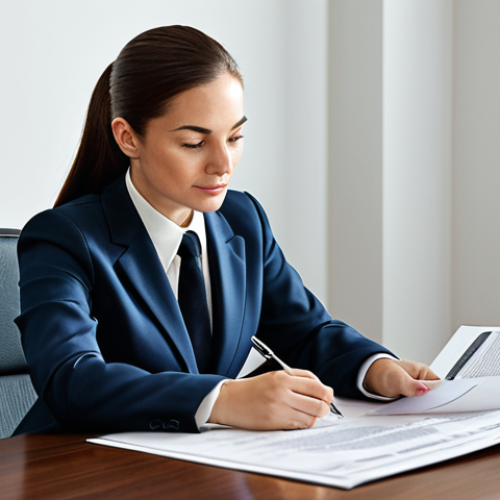 **

"A confident female appraiser in a professional environment, fully clothed in a modest business suit, reviewing property documents at a well-lit desk, perfect anatomy, correct proportions, natural pose, safe for work, appropriate content, professional, family-friendly."

**