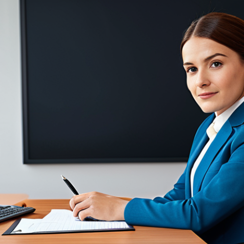 A professional businesswoman in a modest business suit, sitting at a desk in a modern office, fully clothed, appropriate attire, safe for work, perfect anatomy, natural proportions, professional photography, high quality.