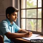Home 19 감정평가사 자격증 취득 후기 - A focused Indian student studying at a wooden desk filled with textbooks and notes in Hindi, surroun...