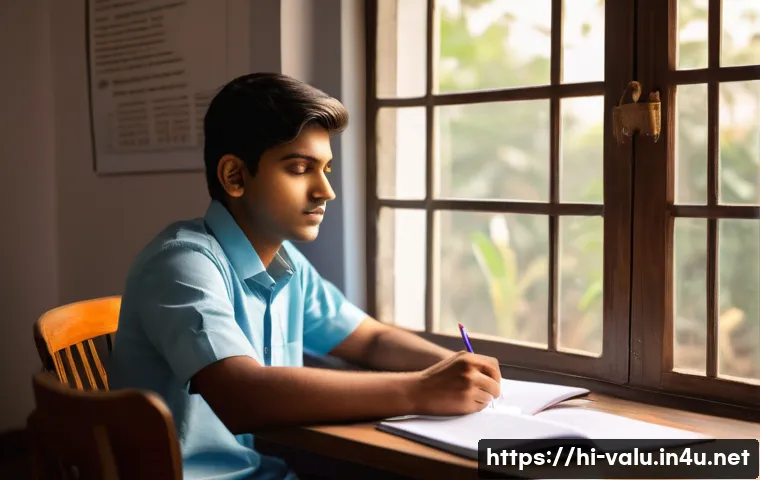 감정평가사 자격증 취득 후기 - A focused Indian student studying at a wooden desk filled with textbooks and notes in Hindi, surroun...