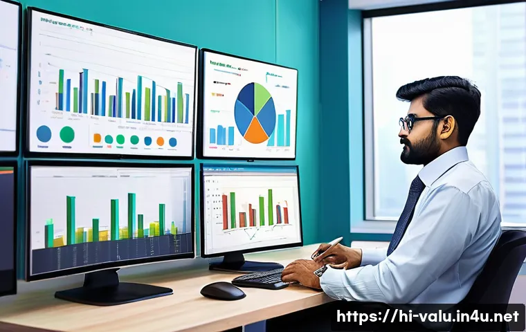 감정평가사의 실무에서 자주 발생하는 문제 - A professional Indian data analyst working in a modern office setting, surrounded by multiple screen...