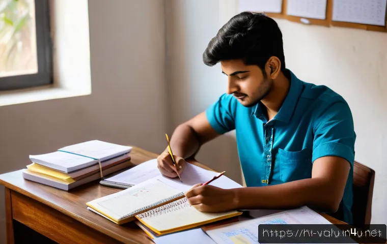 감정평가사 주요 과목별 학습법 - A focused Indian student studying at a neatly organized desk in a bright room, with Hindi books and ...